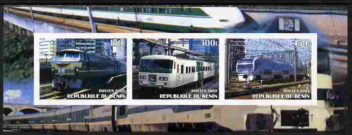 Benin 2003 Modern Electric Trains imperf sheetlet containing 3 values unmounted mint, stamps on , stamps on  stamps on railways