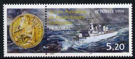 French Southern & Antarctic Territories 1999 Frigate Floreal 5f20 unmounted mint se-tenant with label, SG 399, stamps on ships, stamps on badges, stamps on crests