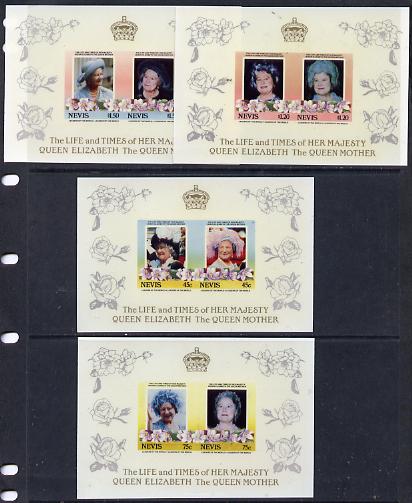 Nevis 1985 Life & Times of HM Queen Mother the set of 8 (4 se-tenant pairs) each pair in Cromalin (plastic coated proof) deluxe sheet format with silver & gold surround f..., stamps on royalty, stamps on queen mother