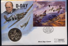 Guernsey 1994 50th Anniversary of D-Day perf m/sheet on illustrated first day cover with special D-Day cancel with commemorative A32 coin , stamps on , stamps on  stamps on , stamps on  stamps on  ww2 , stamps on  stamps on churchill, stamps on  stamps on spitfires, stamps on  stamps on coins, stamps on  stamps on aviation, stamps on  stamps on 