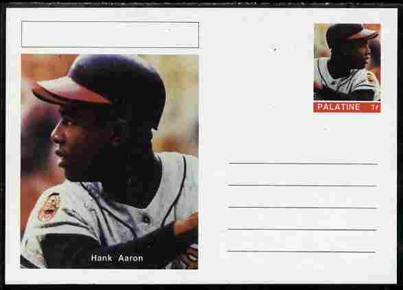 Palatine (Fantasy) Personalities - Hank Aaron (baseball) postal stationery card unused and fine, stamps on personalities, stamps on sport, stamps on baseball