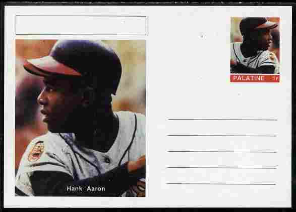 Palatine (Fantasy) Personalities - Hank Aaron (baseball) postal stationery card unused and fine, stamps on , stamps on  stamps on personalities, stamps on  stamps on sport, stamps on  stamps on baseball