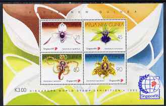 Papua New Guinea 1995 Singapore'95 Stamp Exhibition - Orchids perf m/sheet containing 4 values unmounted mint, SG MS 769, stamps on , stamps on  stamps on flowers, stamps on  stamps on orchids, stamps on  stamps on stamp exhibitions