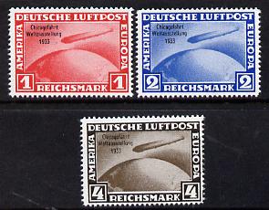 Germany 1933 Zeppelin Chicago Flight set of 3  reprints stamped 'Privater Nachdruck' on reverse, unmounted mint as SG 510-11 originals cat \A33,750, stamps on aviation, stamps on airships, stamps on zeppelins