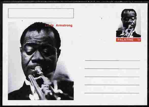 Palatine (Fantasy) Personalities - Louis Armstrong postal stationery card unused and fine, stamps on , stamps on  stamps on personalities, stamps on  stamps on armstrong, stamps on  stamps on music, stamps on  stamps on jazz