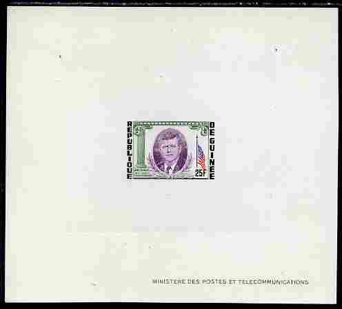 Guinea - Conakry 1964 Kennedy Memorial 25f imperf deluxe sheet in issued colours on sunken glazed card, some minor imperfections, stamps on , stamps on  stamps on flags, stamps on  stamps on personalities, stamps on  stamps on kennedy, stamps on  stamps on usa presidents, stamps on  stamps on americana