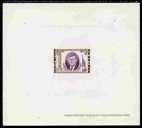 Guinea - Conakry 1964 Kennedy Memorial 50f imperf deluxe sheet in issued colours on sunken glazed card, some minor imperfections, stamps on , stamps on  stamps on flags, stamps on  stamps on personalities, stamps on  stamps on kennedy, stamps on  stamps on usa presidents, stamps on  stamps on americana