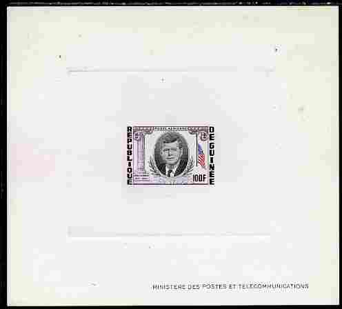 Guinea - Conakry 1964 Kennedy Memorial 100f imperf deluxe sheet in issued colours on sunken glazed card, some minor imperfections, stamps on , stamps on  stamps on flags, stamps on  stamps on personalities, stamps on  stamps on kennedy, stamps on  stamps on usa presidents, stamps on  stamps on americana