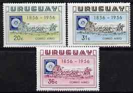 Uruguay 1956 Stamp Centenary perf set of 3 unmounted mint, SG 1055-57, stamps on , stamps on  stamps on stamp centenary, stamps on  stamps on stamp on stamp, stamps on  stamps on horses, stamps on  stamps on stamponstamp