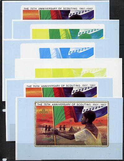 Lesotho 1982 Scout with Flag booklet x 6 progressive proofs of back cover comprising various individual or combination composites incl completed design (both sides), very scarce, stamps on , stamps on  stamps on flags  scouts