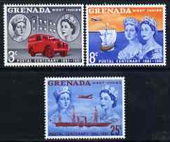 Grenada 1961 Stamp Centenary perf set of 3 unmounted mint, SG 208-10, stamps on stamp centenary, stamps on columbus, stamps on stamp on stamp, stamps on transport, stamps on explorers, stamps on trucks, stamps on land rover, stamps on ships, stamps on aviation, stamps on douglas, stamps on dc, stamps on paddle steamers, stamps on , stamps on stamponstamp