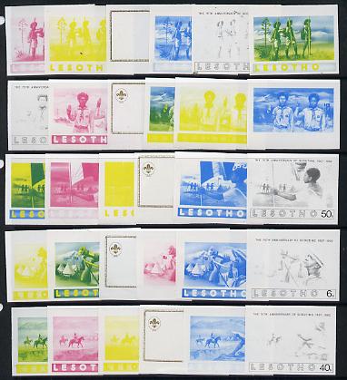 Lesotho 1982 75th Anniversary of Scouting set of 5 each x 6 imperf progressive proofs comprising the 5 individual  colours plus yellow & blue composites, extremely rare (30 proofs), stamps on scouts