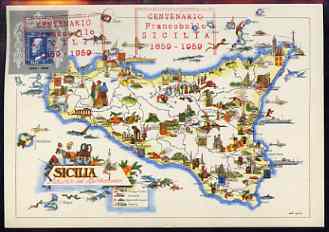 Italy 1959 Sicilian Stamp Centenary label on postcard map with special cachet , stamps on stamp centenary, stamps on stamp on stamp, stamps on maps, stamps on stamponstamp