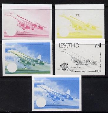 Lesotho 1983 Manned Flight 1m (Concorde) x 5 imperf progressive colour proofs comprising the 4 individual colours plus 2-colour composite (as SG 548) , stamps on , stamps on  stamps on aviation      concorde