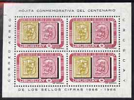 Uruguay 1967 Centenary of Numeral Stamps m/sheet #2 (containing block of 4 x 6p stamps) unmounted mint, SG MS 1333b, stamps on , stamps on  stamps on stamp centenary, stamps on  stamps on stamp on stamp, stamps on  stamps on , stamps on  stamps on stamponstamp