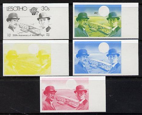 Lesotho 1983 Manned Flight 30s (Wright Brothers & Flyer) x 5 imperf progressive colour proofs comprising the 4 individual colours plus 2-colour composite (as SG 546) gutter pairs available price x 2, stamps on aviation, stamps on personalities