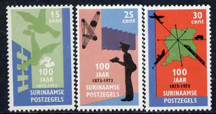 Surinam 1973 Stamp Centenary perf set of 3 unmounted mint, SG 762-64, stamps on , stamps on  stamps on stamp centenary, stamps on  stamps on pigeons, stamps on  stamps on postman, stamps on  stamps on 