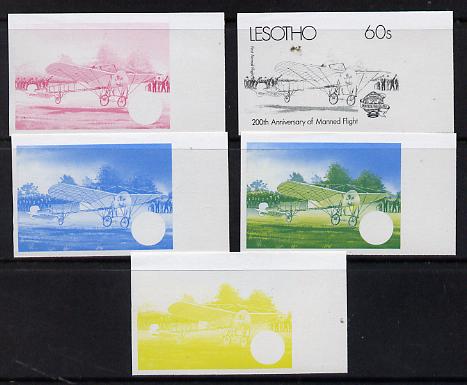 Lesotho 1983 Manned Flight 60s (First Airmail Flight) x 5 imperf progressive colour proofs comprising the 4 individual colours plus 2-colour composite (as SG 547) gutter ..., stamps on aviation