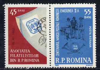 Rumania 1962 Stamp Day & Stamp Centenary se-tenant pair unmounted mint, SG 2983, stamps on stamp exhibitions, stamps on stamp on stamp, stamps on posthorns, stamps on stamponstamp