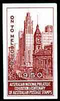 Australia 1950 National Philatelic Exhibition & Centenary imperf label in red inscribed On to Melbourne, minor wrinkles but unmounted mint*, stamps on stamp centenary, stamps on stamp exhibitions, stamps on buildings, stamps on tourism