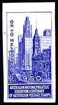 Australia 1950 National Philatelic Exhibition & Centenary imperf label in blue inscribed 'On to Melbourne', minor wrinkles but unmounted mint*, stamps on , stamps on  stamps on stamp centenary, stamps on  stamps on stamp exhibitions, stamps on  stamps on buildings, stamps on  stamps on tourism