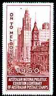 Australia 1950 National Philatelic Exhibition & Centenary perf label in red inscribed 'On to Melbourne', minor wrinkles but unmounted mint*, stamps on , stamps on  stamps on stamp centenary, stamps on  stamps on stamp exhibitions, stamps on  stamps on buildings, stamps on  stamps on tourism