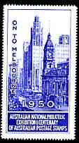 Australia 1950 National Philatelic Exhibition & Centenary perf label in blue inscribed 'On to Melbourne', minor wrinkles but unmounted mint*, stamps on , stamps on  stamps on stamp centenary, stamps on  stamps on stamp exhibitions, stamps on  stamps on buildings, stamps on  stamps on tourism