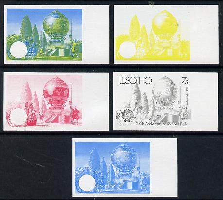 Lesotho 1983 Manned Flight 7s (Montgolfer Balloon) x 5 imperf progressive colour proofs comprising the 4 individual colours plus 2-colour composite (as SG 545) gutter pairs available price x 2, stamps on aviation, stamps on balloons