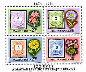 Hungary 1974 Centenary of 'Envelope Design' Stamp perf m/sheet unmounted mint, SG MS 2877, Mi BL105A, stamps on , stamps on  stamps on stamp on stamp, stamps on  stamps on stamp centenary, stamps on  stamps on flowers, stamps on  stamps on stamponstamp