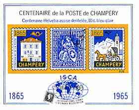 Switzerland 1965 Champery Centenary Stamp Exhibition imperf souvenir sheet produced by ISCA, unmounted mint, stamps on , stamps on  stamps on stamp exhibitions, stamps on  stamps on stamp centenary, stamps on  stamps on stamp on stamp, stamps on  stamps on posthorn, stamps on  stamps on stamponstamp