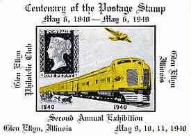United States 1940 Centenary Stamp Exhibition imperf souvenir sheet produced by Glen Ellyn Philatelic Club, Illinois, showing 1d black & Loco, unmounted mint, stamps on stamp exhibitions, stamps on stamp centenary, stamps on stamp on stamp, stamps on railways, stamps on aviation, stamps on stamponstamp