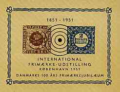 Denmark 1951 Centenary Stamp Exhibition imperf souvenir sheet showing 2 RBS & 4 RBS stamps of 1851, unmounted mint, stamps on , stamps on  stamps on stamp exhibitions, stamps on  stamps on stamp centenary, stamps on  stamps on stamp on stamp, stamps on  stamps on , stamps on  stamps on stamponstamp