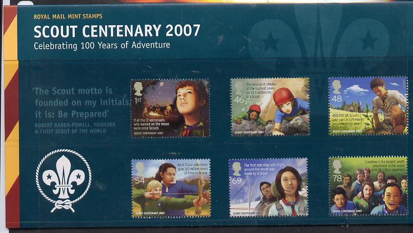 Great Britain 2007 Europa - Centenary of Scouting perf set of 6 in official presentation pack unmounted mint SG 2758-63, stamps on europa, stamps on scouts, stamps on aviation, stamps on archery, stamps on climbing, stamps on mountaineering, stamps on space