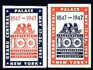 United States 1947 Centenary Stamp Exhibition (Grand Central Palace, NY) set of 2 imperf labels (Blue & red and red & blue) mint with minor wrinkles, stamps on , stamps on  stamps on stamp exhibitions, stamps on  stamps on stamp centenary, stamps on  stamps on 