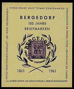 Germany 1961 Bergedorf Stamp Centenary souvenir sheet on yellow paper containing copy of 1861 3s applied to centre with special Centenary cancel (insc c/o Alfred Gerth) , stamps on stamp on stamp, stamps on stamp centenary, stamps on , stamps on stamponstamp