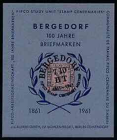 Germany 1961 Bergedorf Stamp Centenary souvenir sheet on blue paper containing copy of 1861 3s applied to centre with special Centenary cancel (insc c/o Alfred Gerth) , stamps on stamp on stamp, stamps on stamp centenary, stamps on , stamps on stamponstamp