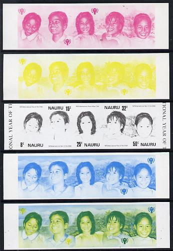 Nauru 1979 Year of the Child se-tenant strip of 5 x 5 imperf progressive proofs comprising the 4 individual colours plus blue & yellow composite, scarce (as SG 211-5) unm..., stamps on children, stamps on  iyc , stamps on 