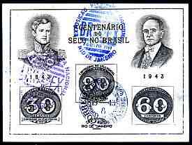 Brazil 1943 Stamp Centenary imperf m/sheet (Bull's Eye) fine used with Brapex Exhibition cancel, SG MS 682a, Mi BL 6/1, stamps on stamp centenary, stamps on stamp on stamp, stamps on stamp exhibitions, stamps on stamponstamp