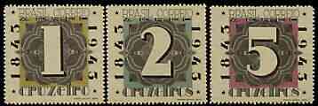 Brazil 1943 Stamp Centenary perf set of 3 (Numerals) unmounted mint, SG 683-85, stamps on , stamps on  stamps on stamp centenary, stamps on  stamps on stamp on stamp, stamps on  stamps on , stamps on  stamps on stamponstamp