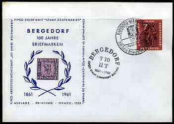 Germany 1961 Bergedorf Stamp Centenary Commemorative Cover bearing Nuremberg Messenger stamp plus copy of 1861 3s with special Centenary cancel  & cachet, stamps on stamp on stamp, stamps on stamp centenary, stamps on postman, stamps on stamponstamp