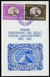 El Salvador 1967 Stamp Centenary perf set of 2 on illustrated card with special first day cancel, stamps on , stamps on  stamps on stamp centenary, stamps on  stamps on volcanoes