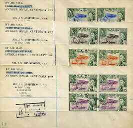 Antigua 1962 Stamp Centenary perf set of 4 in blocks of 4 on 4 reg covers each with August cancels, stamps on , stamps on  stamps on stamp on stamp, stamps on  stamps on stamp centenary, stamps on  stamps on  kg6 , stamps on  stamps on , stamps on  stamps on stamponstamp
