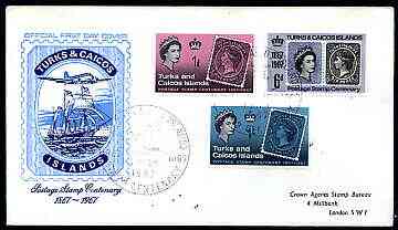 Turks & Caicos Islands 1967 Stamp Centenary perf set of 3 on illustrated cover with special first day cancel, stamps on , stamps on  stamps on stamp on stamp, stamps on  stamps on stamp centenary, stamps on  stamps on  ships, stamps on  stamps on aviation, stamps on  stamps on stamponstamp