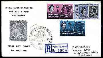 Turks & Caicos Islands 1967 Stamp Centenary perf set of 3 on illustrated registered cover with special first day cancel, stamps on , stamps on  stamps on stamp on stamp, stamps on  stamps on stamp centenary, stamps on  stamps on  ships, stamps on  stamps on , stamps on  stamps on stamponstamp