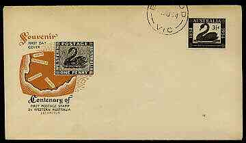 Australia 1954 Western Australia Stamp Centenary on illustrated cover with first day cancel, stamps on , stamps on  stamps on stamp on stamp, stamps on  stamps on stamp centenary, stamps on  stamps on swans, stamps on  stamps on birds, stamps on  stamps on stamponstamp