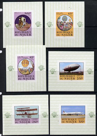 Niger Republic 1983 Manned Flight set of 6 deluxe imperf miniature sheets unmounted mint, stamps on , stamps on  stamps on aviation, stamps on balloons, stamps on concorde, stamps on space, stamps on zeppelins, stamps on airships