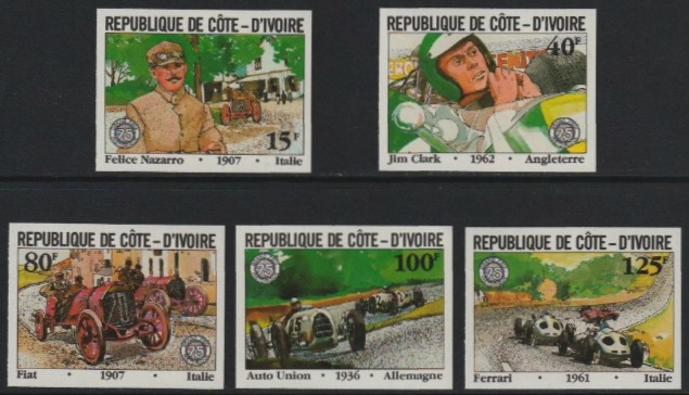 Ivory Coast 1981 French Grand Prix (Cars & Drivers) imperf set of 5 unmounted mint, stamps on cars    racing cars     sport    auto union    fiat     ferrari      jim clark    nazarro