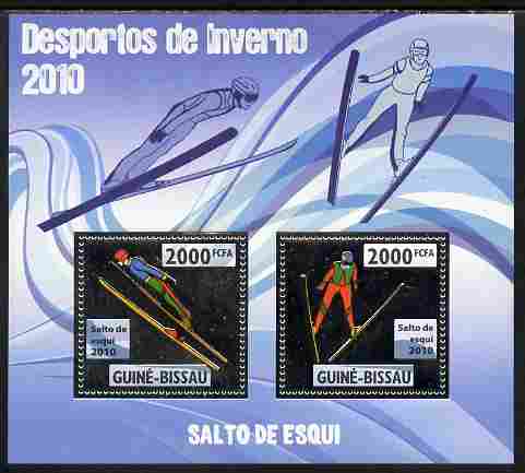 Guinea - Bissau 2010 Winter Olympic Sports - Ski Jumping perf sheetlet containing 2 values in silver unmounted mint, stamps on , stamps on  stamps on olympics, stamps on  stamps on sport, stamps on  stamps on skiing