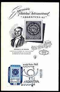 Argentine Republic 1962 Argentine 62 Philatelic Exhibition (2nd issue) on illustrated card with Posthorn first day cancel, stamps on stamp exhibitions, stamps on stamp on stamp, stamps on posthorns, stamps on stamponstamp