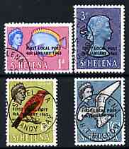 St Helena 1965 set of 4 opt'd LOCAL POST (with lace background) fine used with 'local' cancel, stamps on lace, stamps on birds, stamps on fish